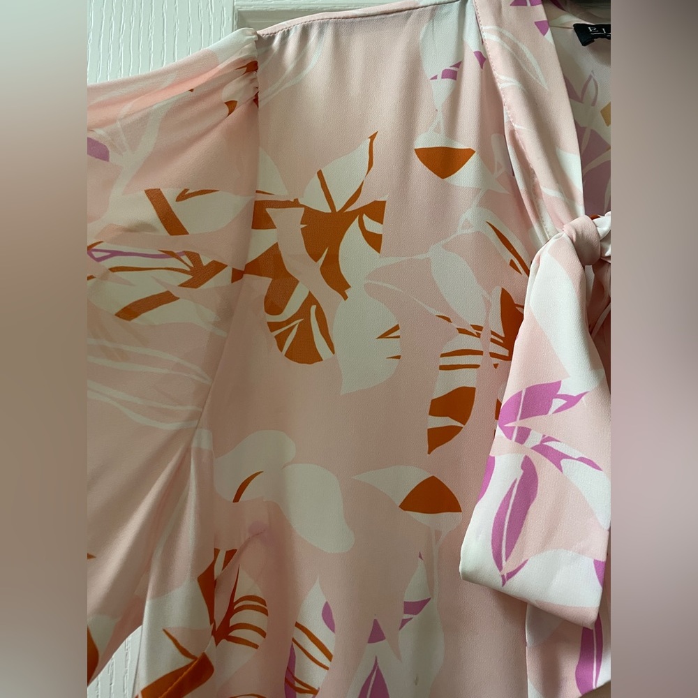 ELOQUII- Pink Floral Bow Blouse with Flutter Sleeve